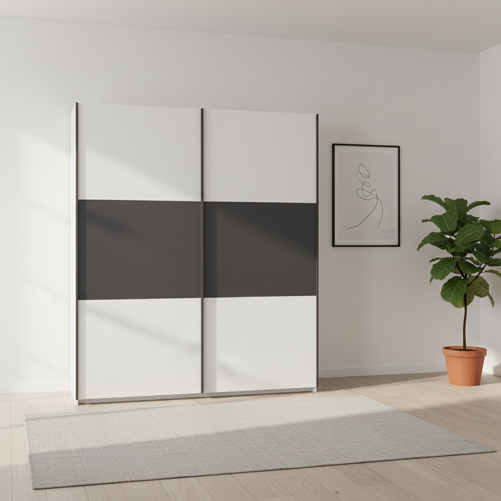 Rauch Neo 2 Door Sliding Wardrobe in White with Metallic Grey panels Front view styled in a modern room