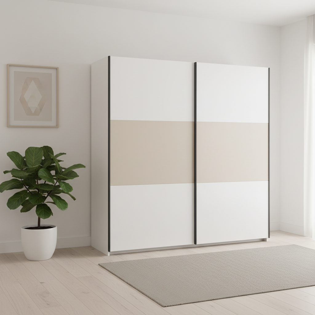 Rauch Neo 2 Door Sliding Wardrobe 218cm in White with Champagne panels styled in a modern room