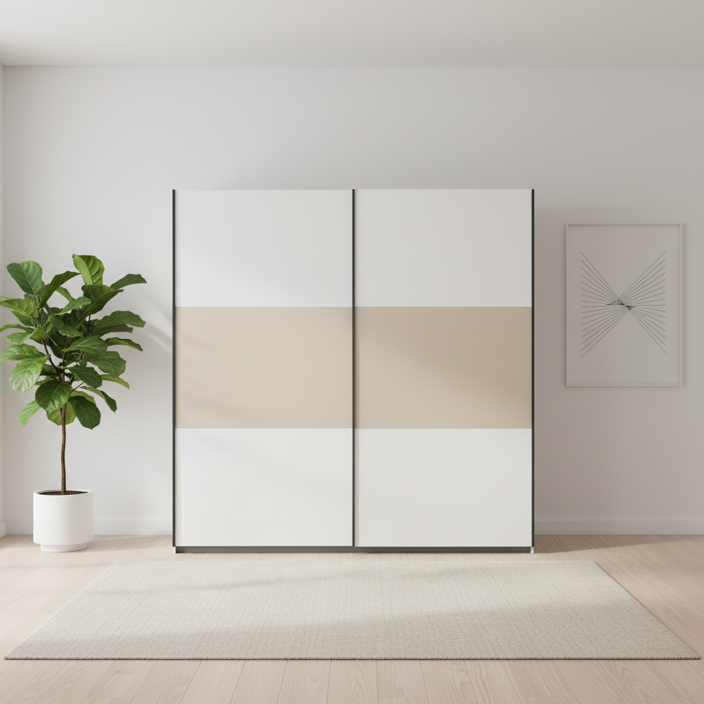 Rauch Neo 2 Door Sliding Wardrobe 218cm in White with Champagne panels Front view styled in a modern room