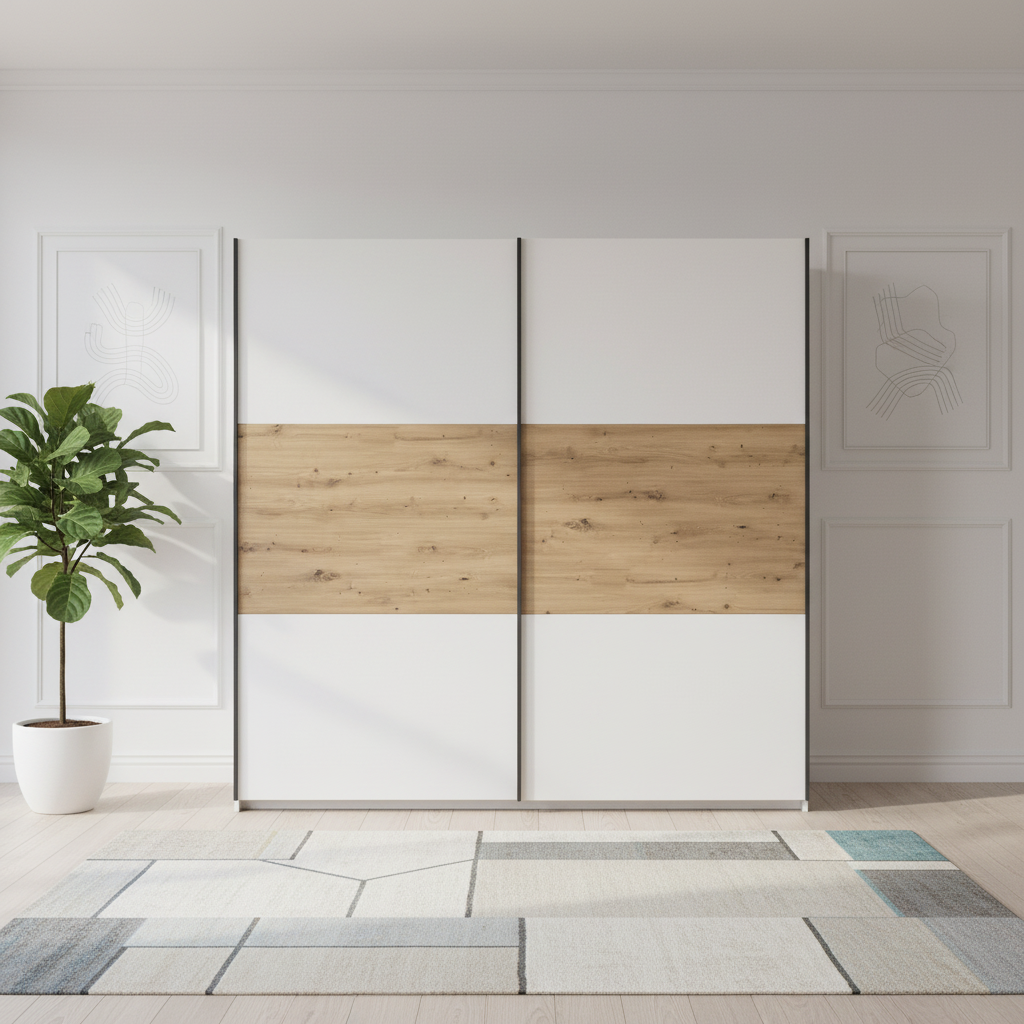 Rauch Neo 2 Door Sliding Wardrobe 218cm in White with Artisan Oak panels  Front view styled in a modern room