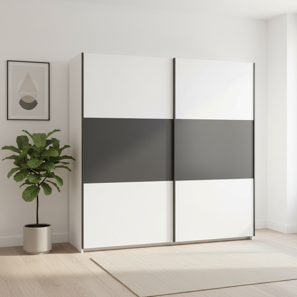 Rauch Neo 2 Door Sliding Wardrobe 218cm in White with Metallic Grey panels  Front view styled in a modern room