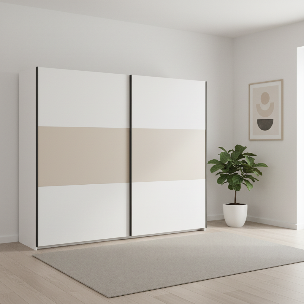 Rauch Neo 2 Door Sliding Wardrobe 261cm in White with Champagne panels styled in a modern room