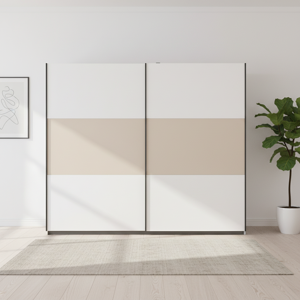 Rauch Neo 2 Door Sliding Wardrobe 261cm in White with Champagne panels Front view styled in a modern room