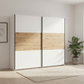 Rauch Neo 2 Door Sliding Wardrobe 261cm in White with Artisan oak panels styled in a modern room