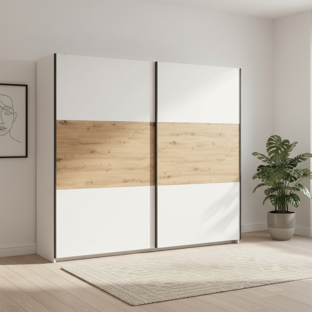 Rauch Neo 2 Door Sliding Wardrobe 261cm in White with Artisan oak panels styled in a modern room