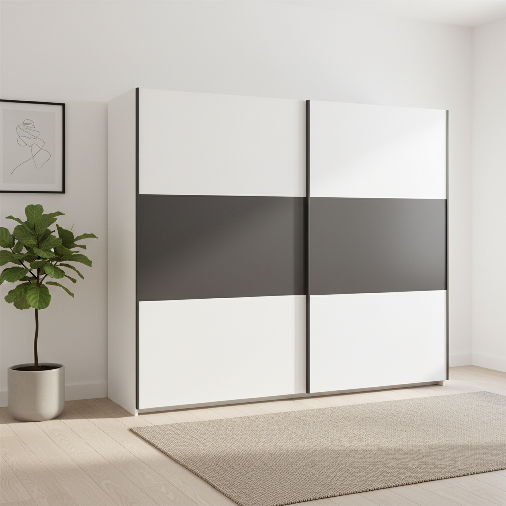 Rauch Neo 2 Door Sliding Wardrobe 261cm in White with Metallic Grey panels styled in a modern room