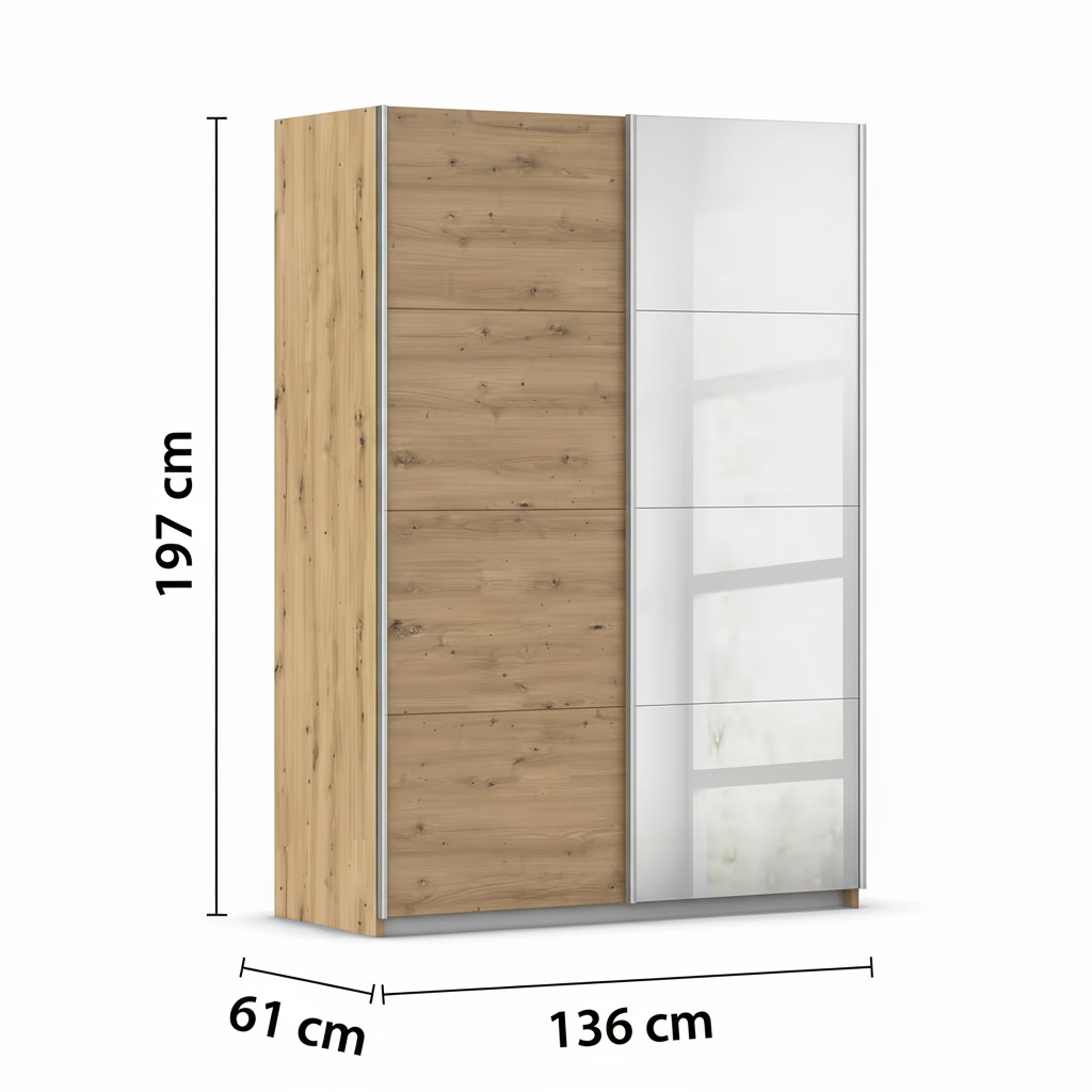 Rauch Subito 136cm 1 Decor Door & 1 Mirror Sliding Door Wardrobe in Oak Dimensions