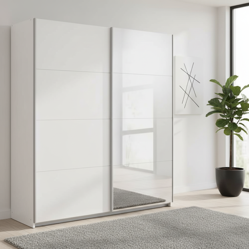 Rauch Subito 181cm 1 Decor Door & 1 Mirror Sliding Door Wardrobe in Alpine White styled in a modern bedroom