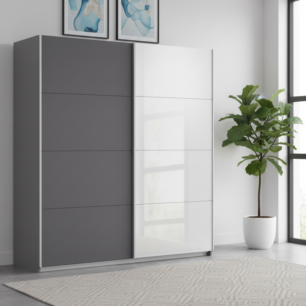 Rauch Subito 181cm 1 Decor Door & 1 Mirror Sliding Door Wardrobe in Metallic Grey styled in a modern bedroom