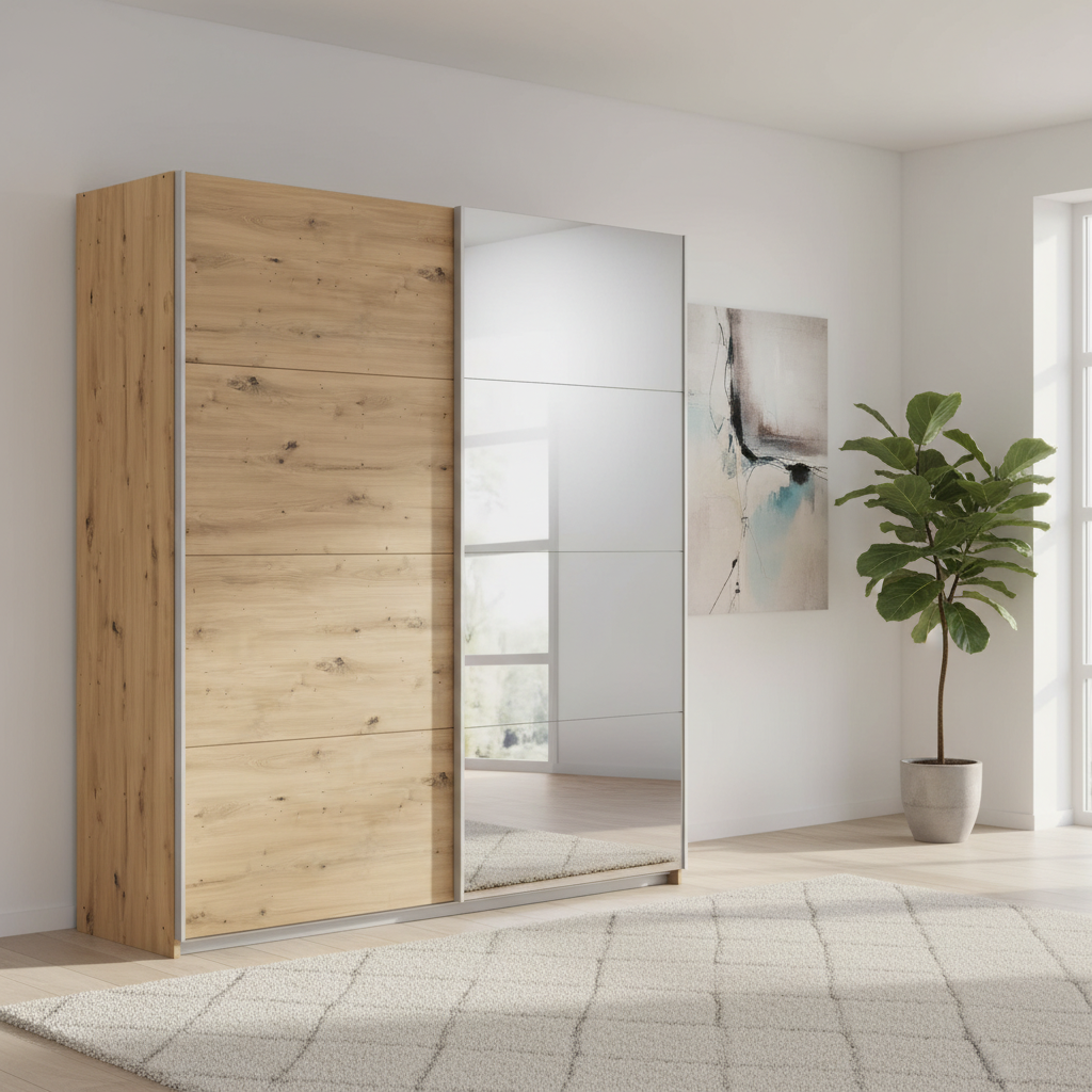 Rauch Subito 181cm 1 Decor Door & 1 Mirror Sliding Door Wardrobe in Oak styled in a modern bedroom