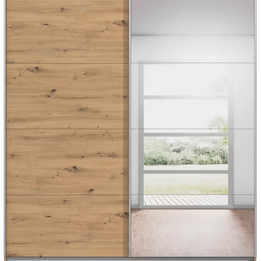 Rauch Subito 181cm 1 Decor Door & 1 Mirror Sliding Door Wardrobe in Oak front view