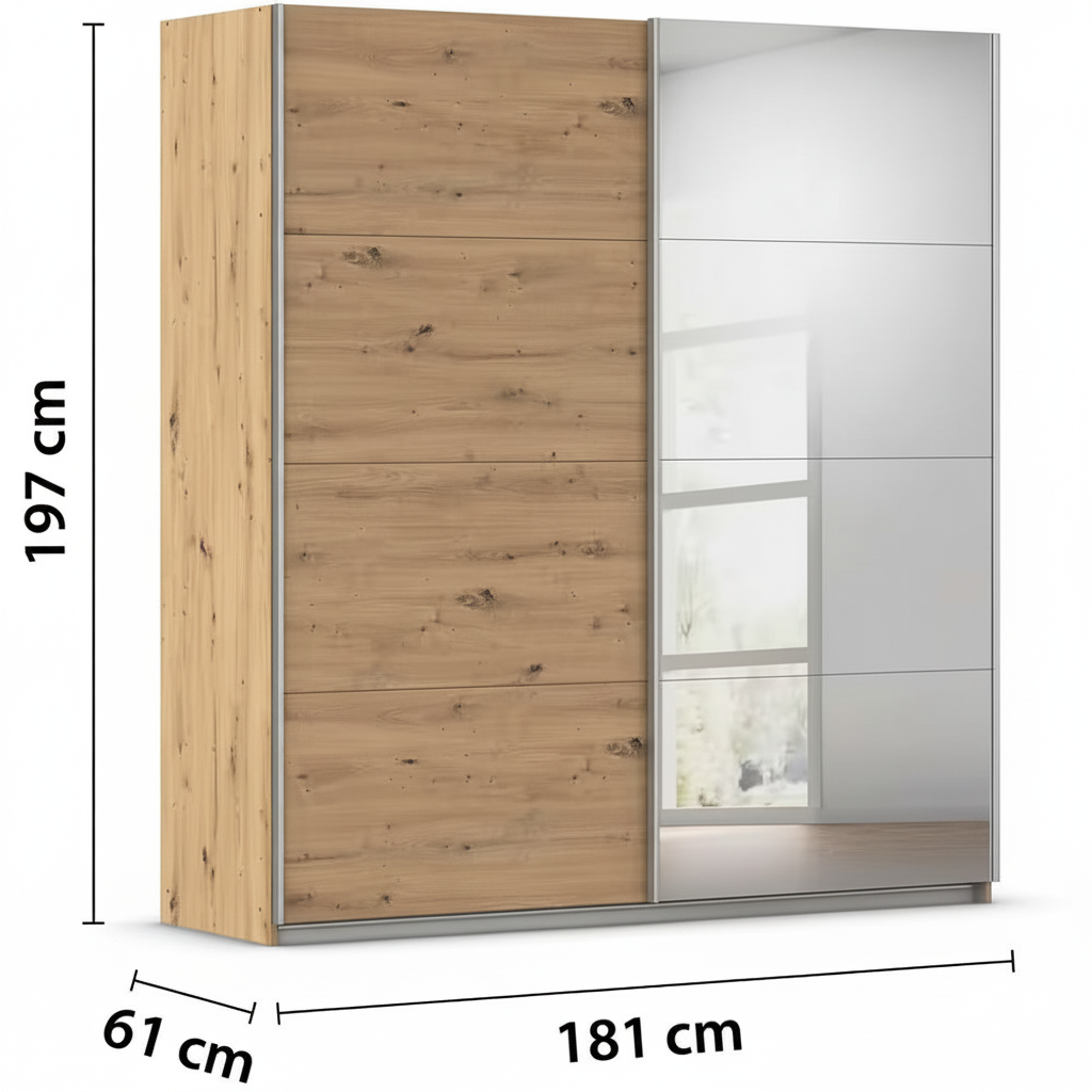 Rauch Subito 181cm 1 Decor Door & 1 Mirror Sliding Door Wardrobe in Oak Dimensions