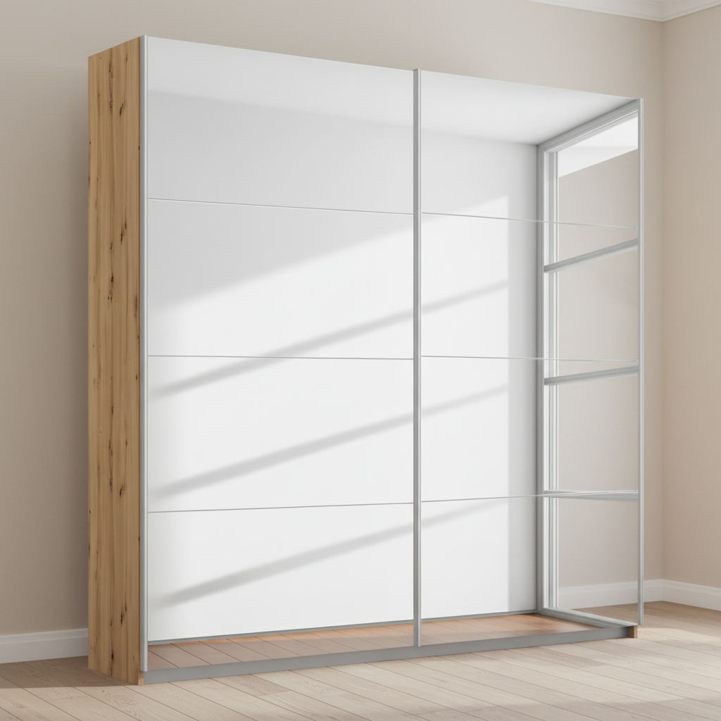 Rauch Subito 2 Door Full Mirror Sliding Door Wardrobe in Artisan Oak Cracase styled in a bedroom