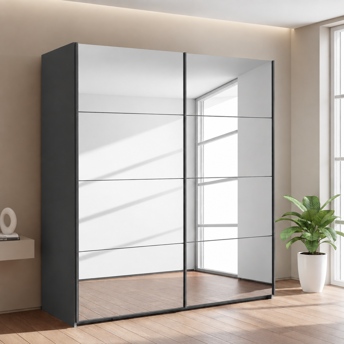 Rauch Subito 2 Door Full Mirror Sliding Door Wardrobe in Metallic Grey styled in a bedroom