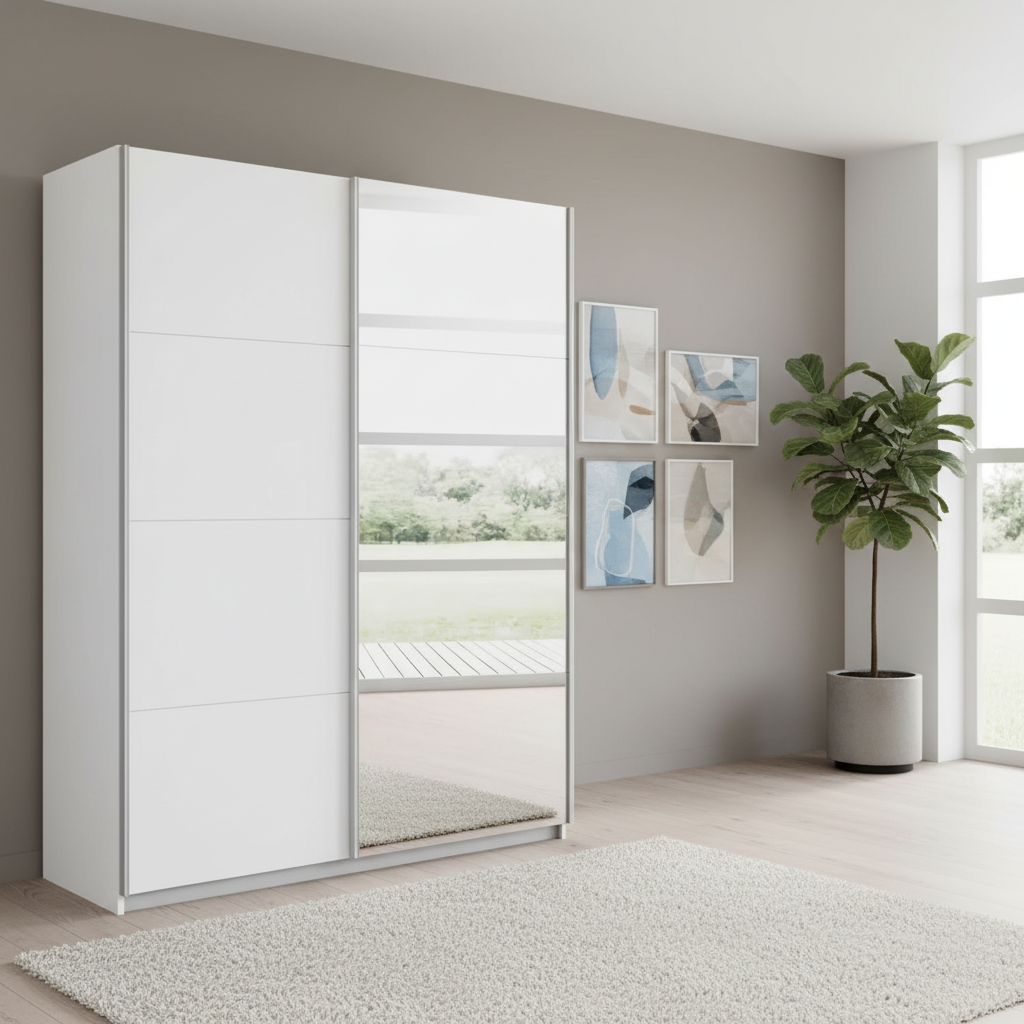 Rauch Subito 1 Decor Door & 1 Mirror Sliding Door Wardrobe in Alpine styled in a modern bedroom