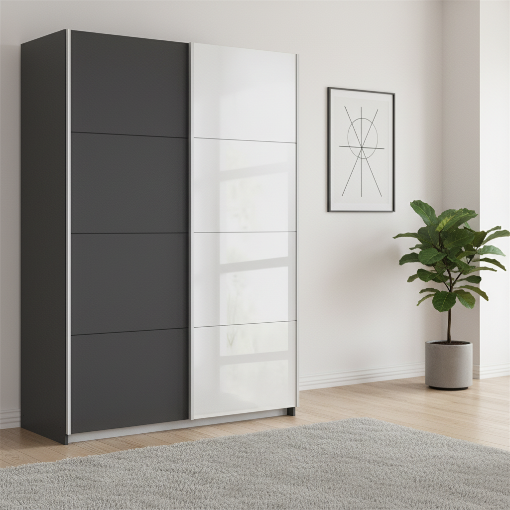 Rauch Subito 1 Decor Door & 1 Mirror Sliding Door Wardrobe in Mettalic Grey styled in a modern bedroom