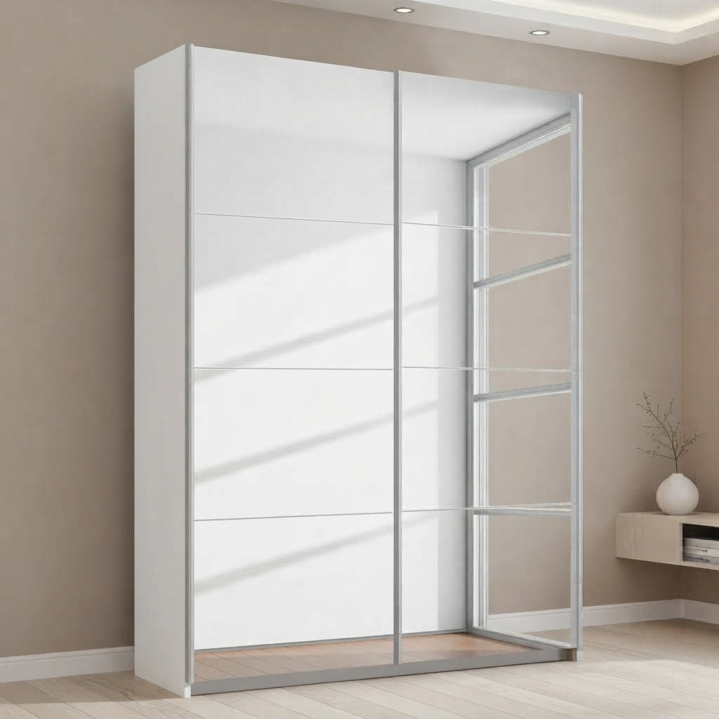Rauch Subito 2 Door Full Mirror Sliding Door Wardrobe in Alpine White Cracase styled in a bedroom