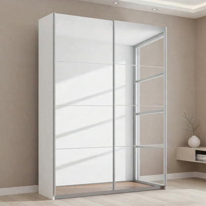 Rauch Subito 2 Door Full Mirror Sliding Door Wardrobe in Alpine White Cracase styled in a bedroom
