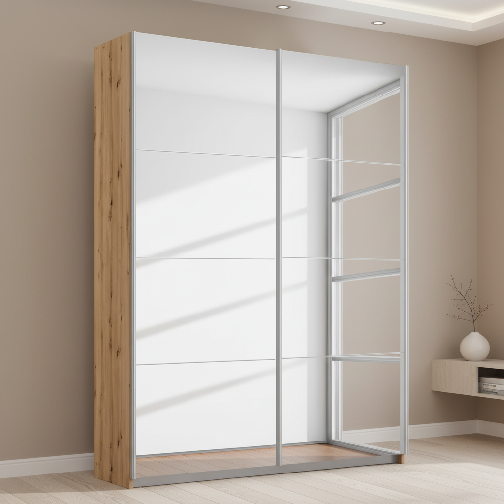 Rauch Subito 2 Door Full Mirror Sliding Door Wardrobe in Artisan Oak Cracase styled in a bedroom