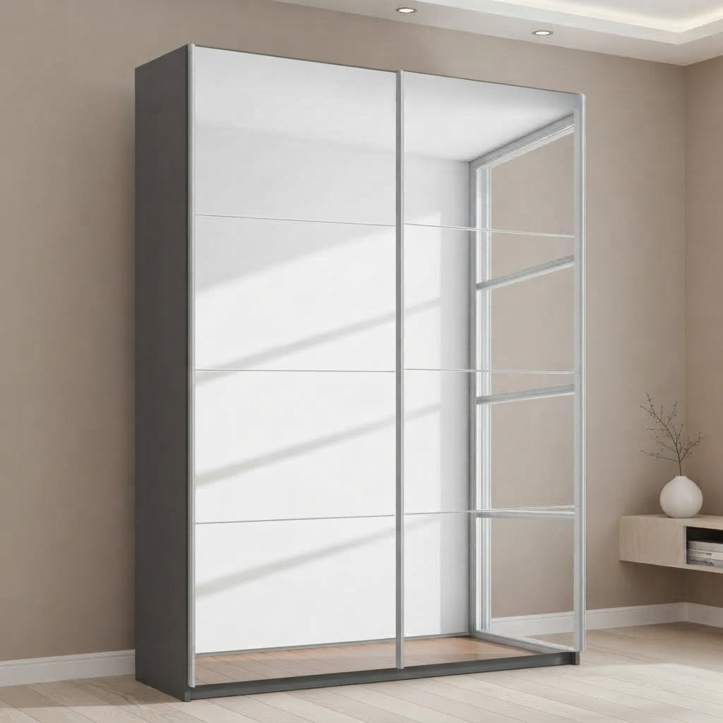 Rauch Subito 2 Door Full Mirror Sliding Door Wardrobe in Graphite Cracase styled in a bedroom