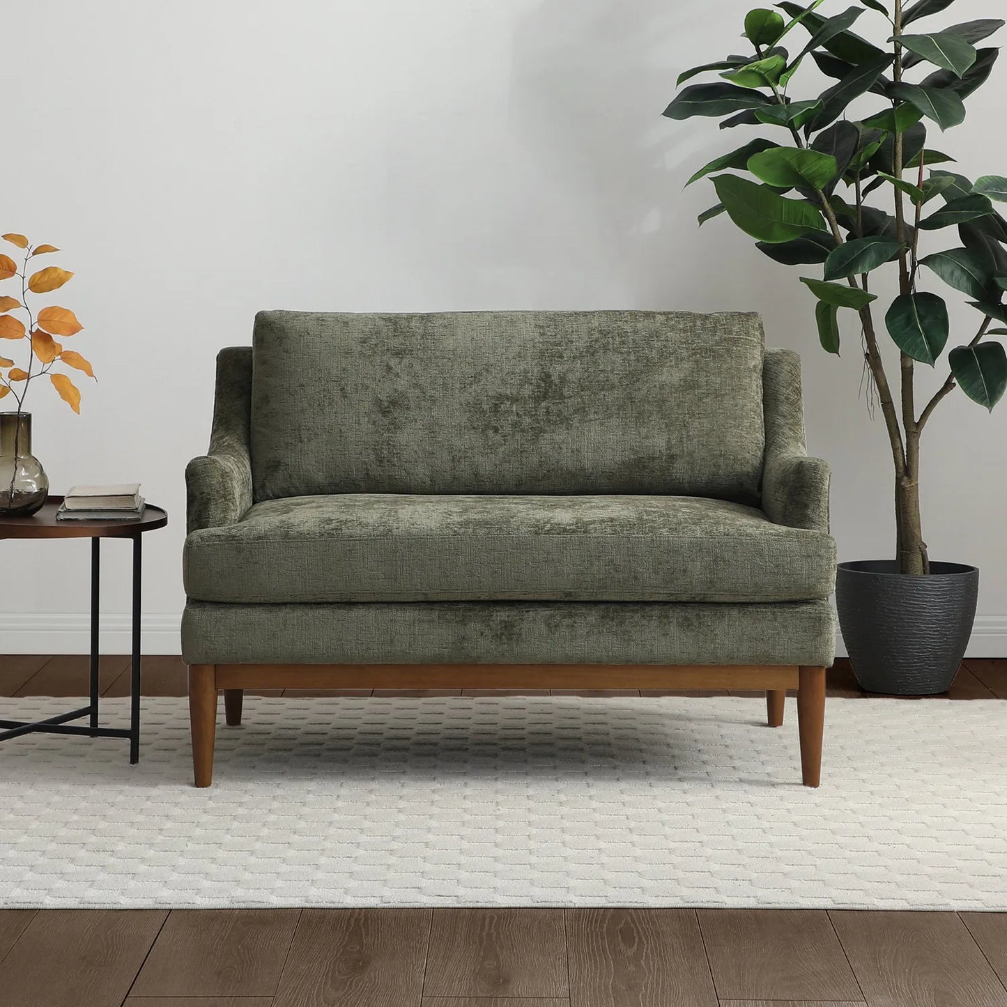 Rihanna Olive Chenille Upholstered Loveseat with Wood Base - Pendle Village Furniture