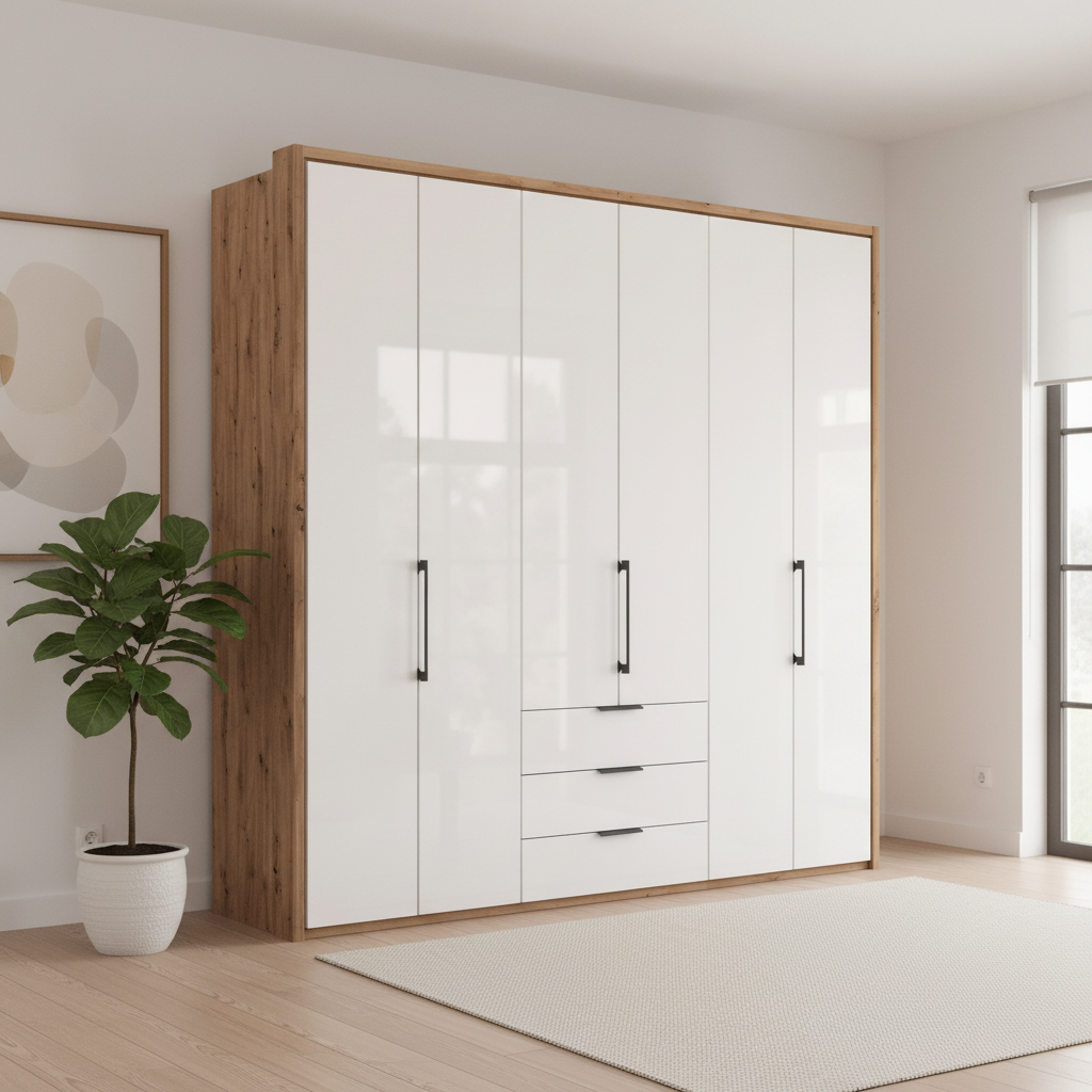 Wiemann Saka 225cm bi-fold wardrobe with 6 glass doors and 3 glass drawers