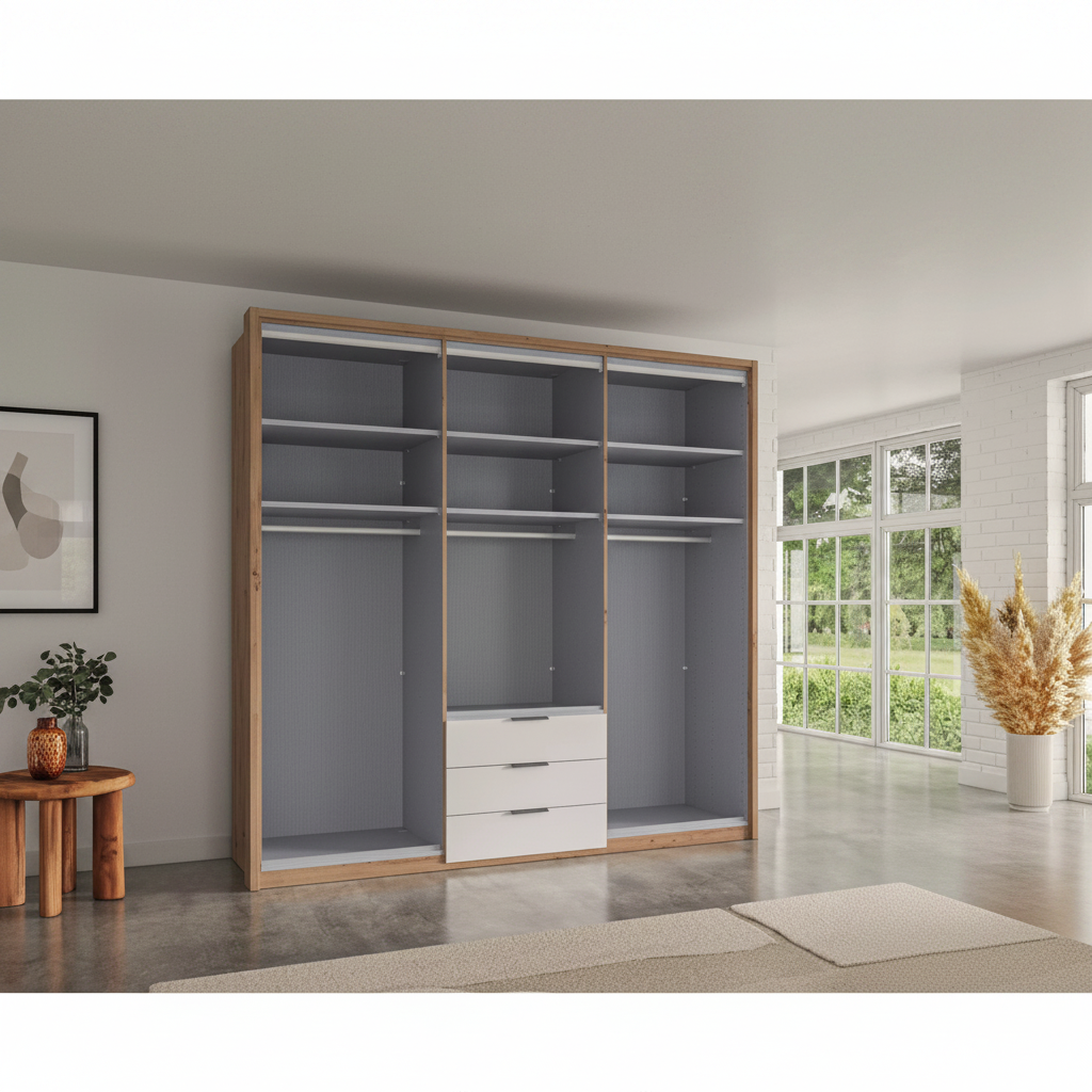 Contemporary Saka wardrobe with glass bi-fold doors and integrated drawers