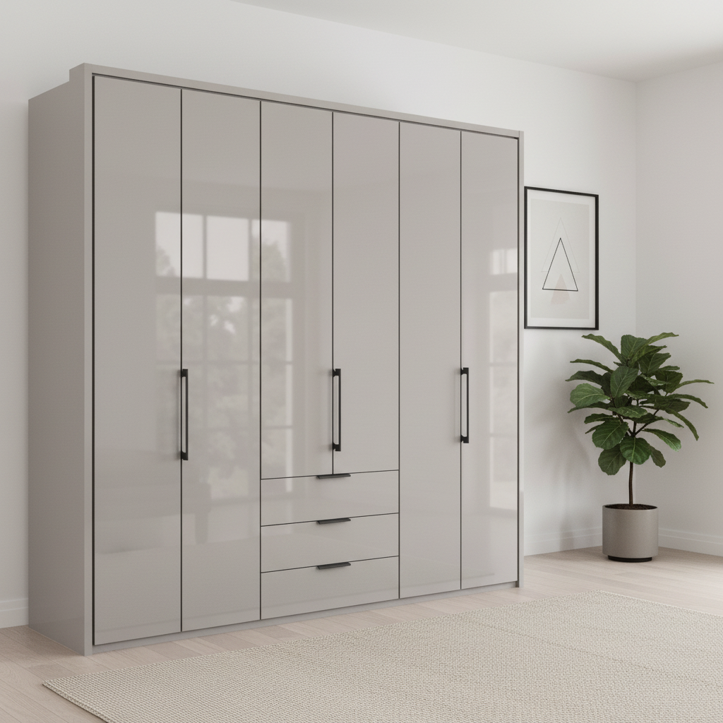 Wiemann Saka 225cm Bi-Fold Wardrobe With 6 Glass Doors & 3 Glass Drawers with Pebble Grey Carcase