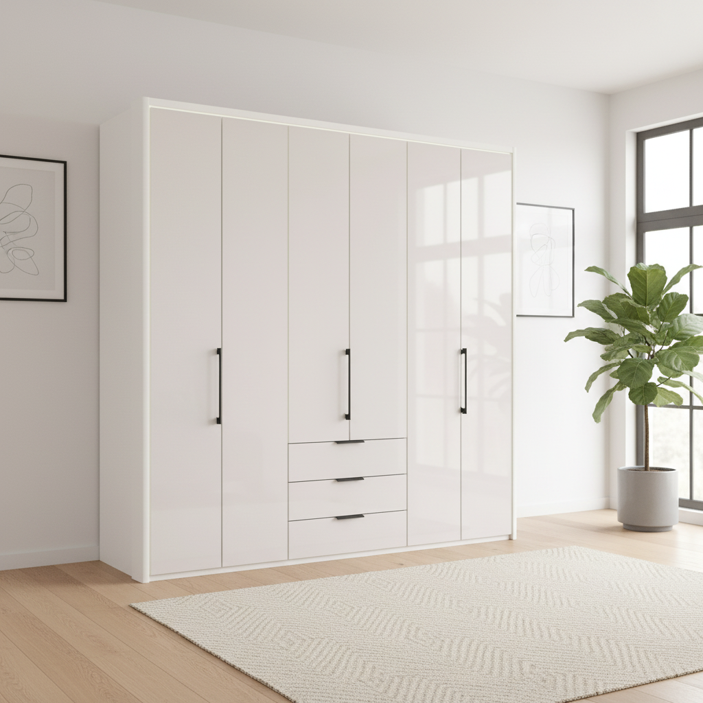 Wiemann Saka 225cm Bi-Fold Wardrobe With 6 Glass Doors & 3 Glass Drawers with White Carcase