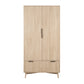 Wooden wardrobe with two doors and two drawers on a white background