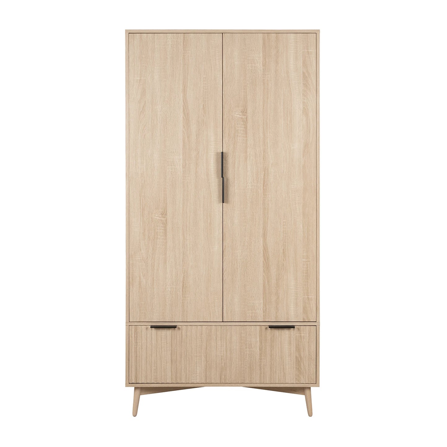 Wooden wardrobe with two doors and two drawers on a white background