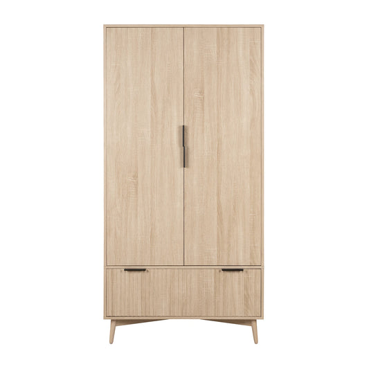 Wooden wardrobe with two doors and two drawers on a white background