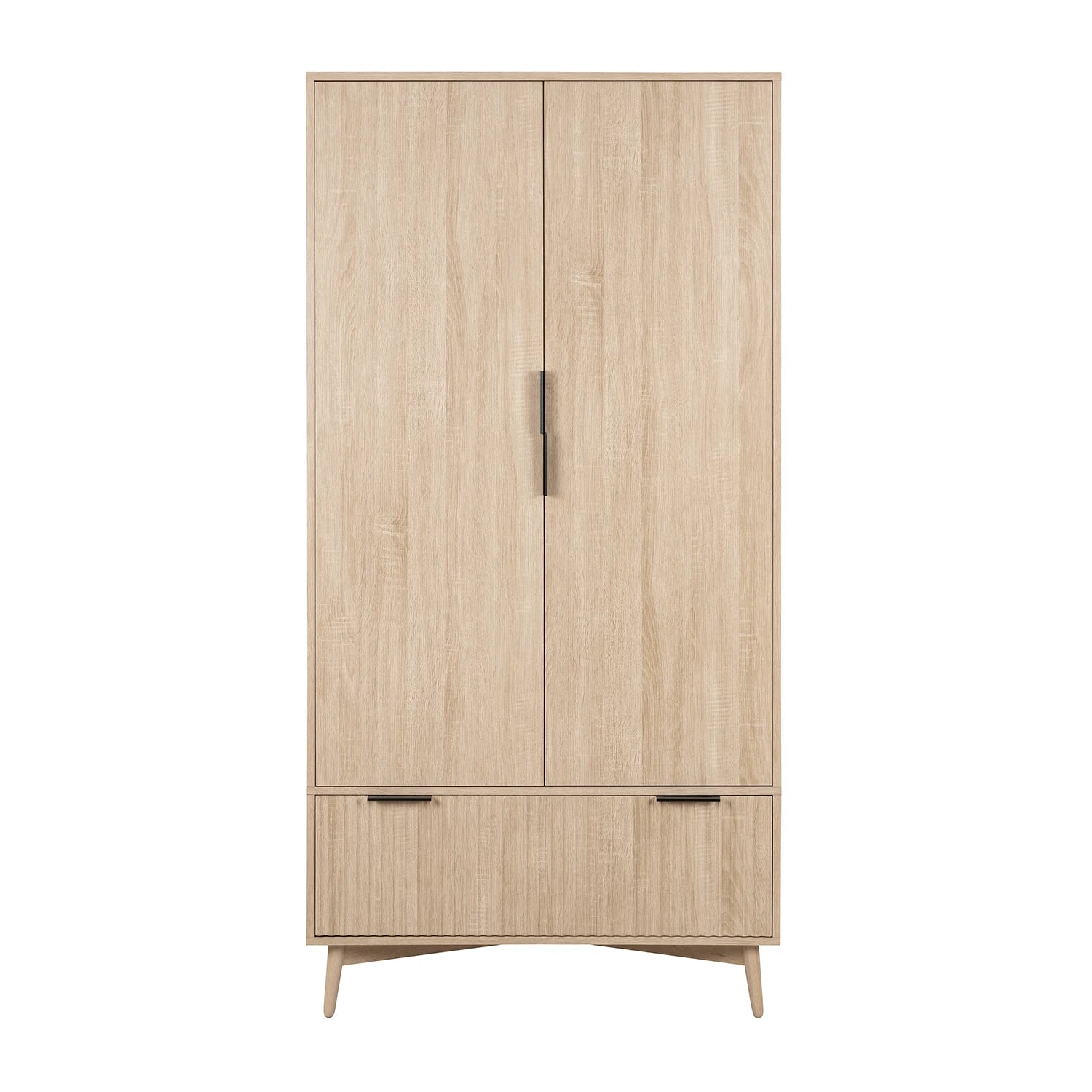 Wooden wardrobe with two doors and two drawers on a white background