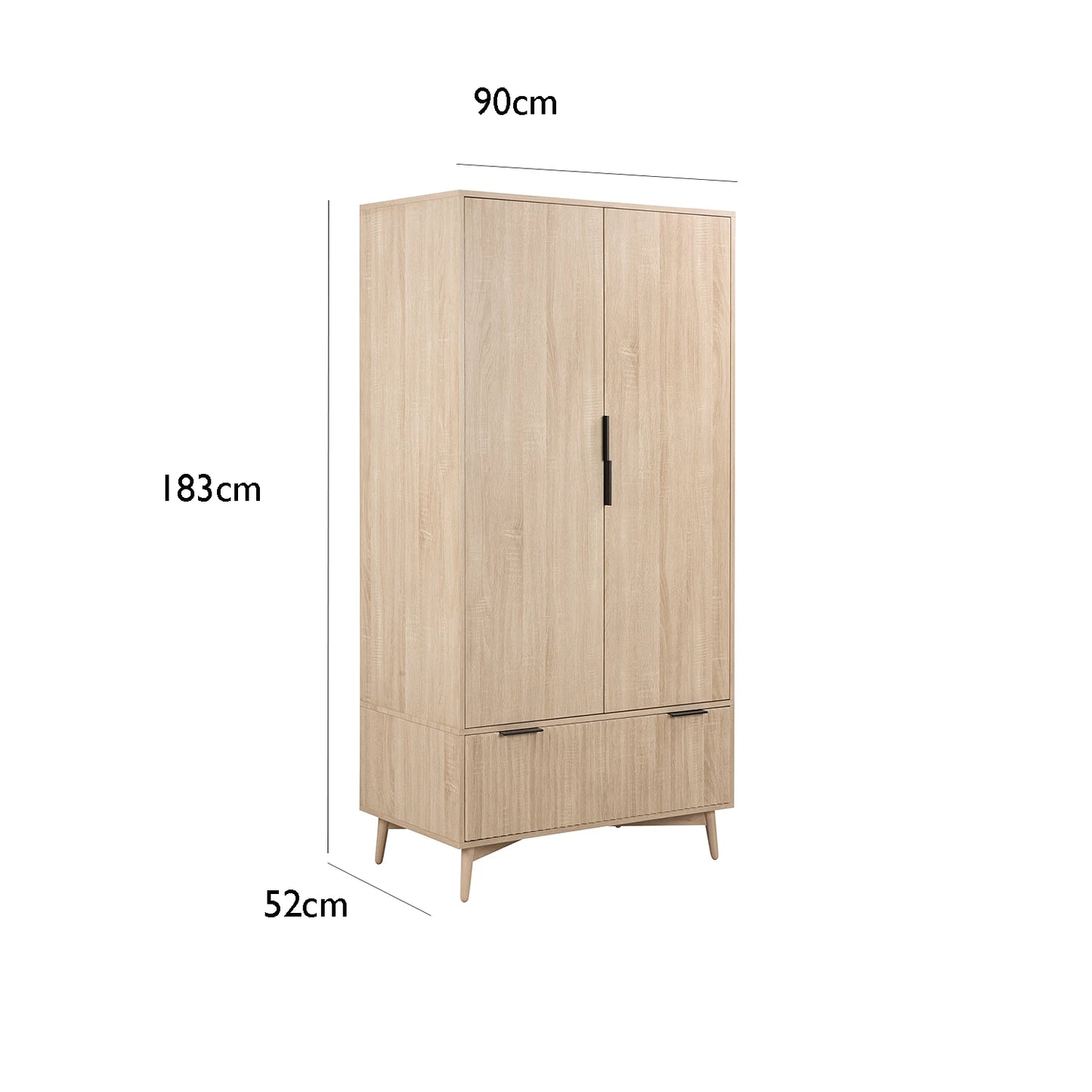 Salford Natural Oak Finish Gents Wardrobe - Dimensions on White Backround