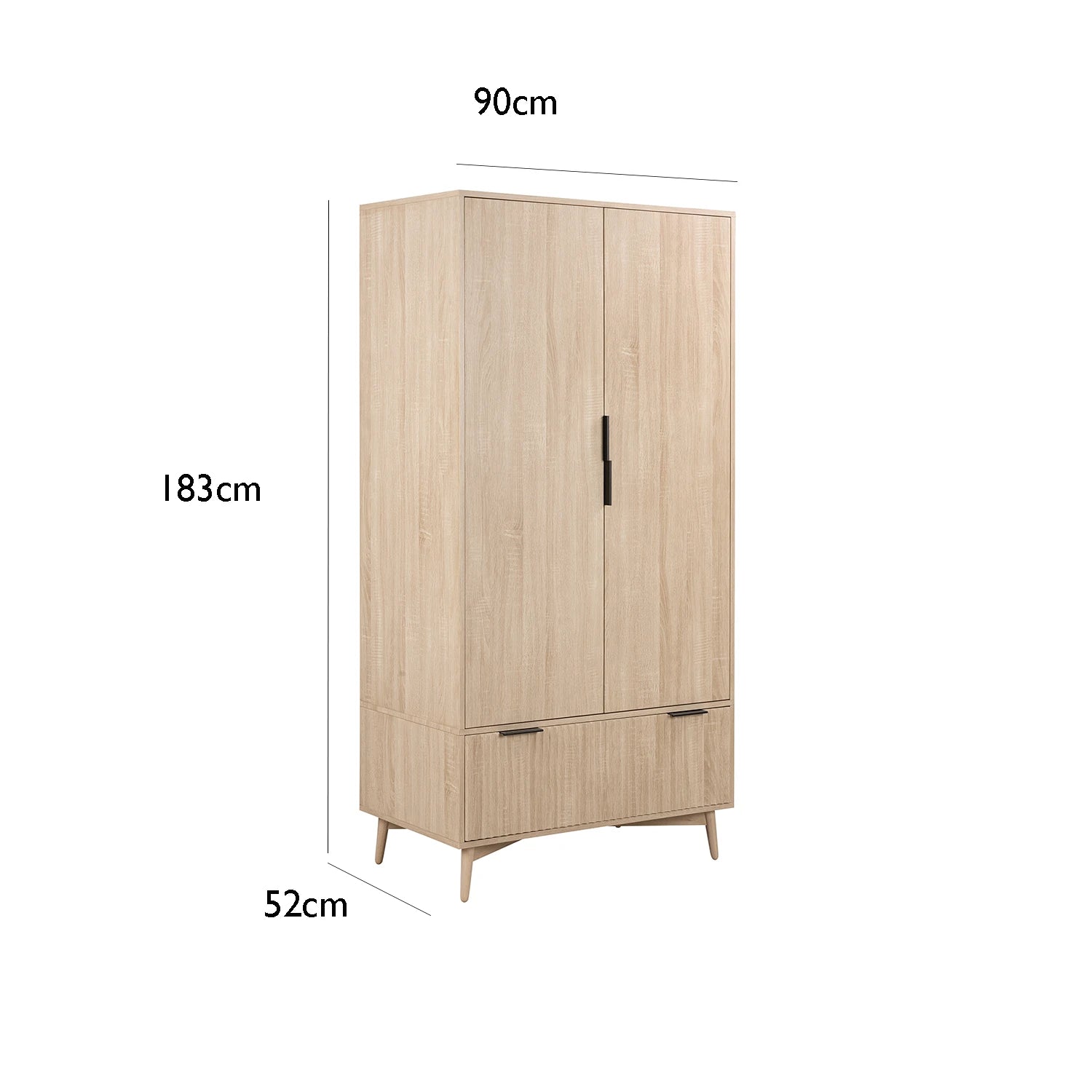 Salford Natural Oak Finish Gents Wardrobe - Dimensions on White Backround