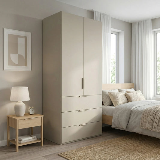 Rauch Haven 2 Door Combi Wardrobe with Mirror Doors and Décor Drawers - Styled in a Bedroom