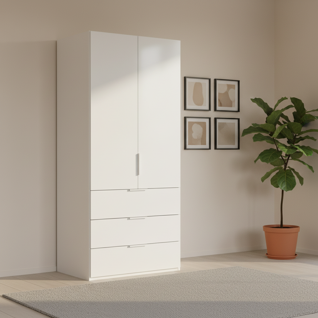 Rauch Heaven 100cm 2 Door Combi Wardrobe with Decor Doors and Drawers in Alpine Whites styled in a modern bedroom