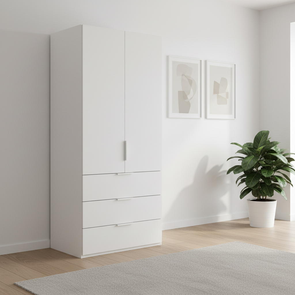 Rauch Heaven 100cm 2 Door Combi Wardrobe with Décor Doors in Alpine White styled in a modern bedroom