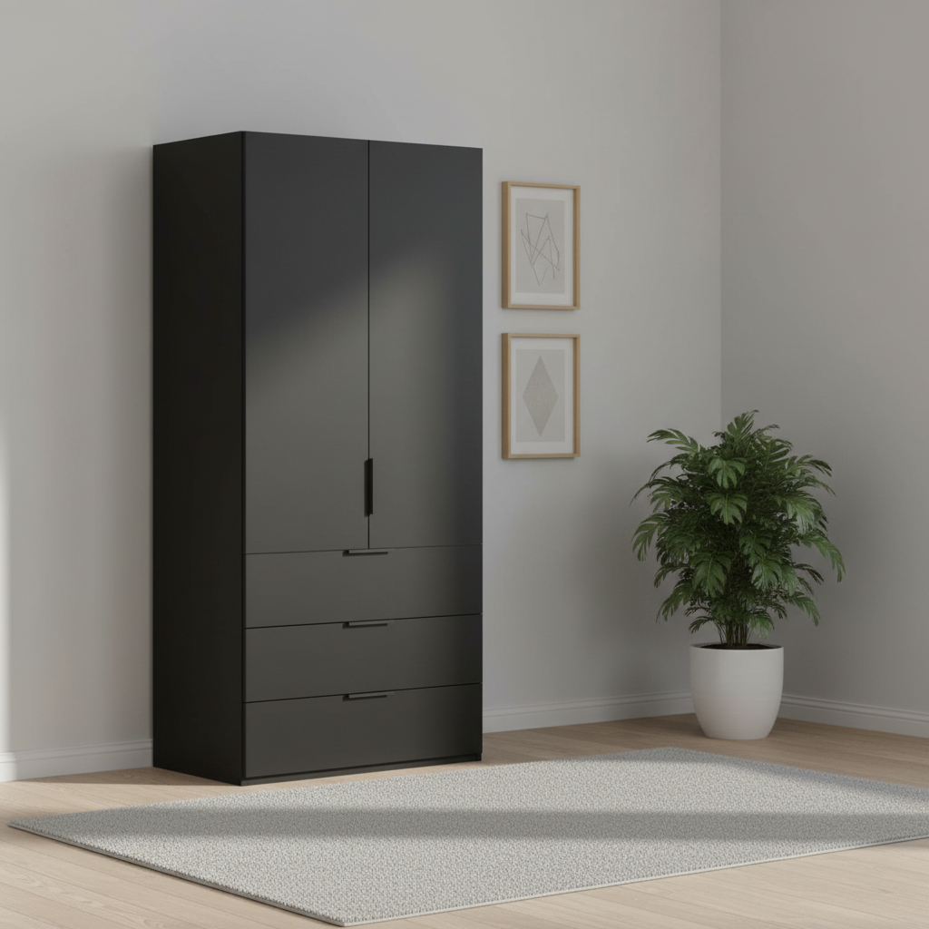 Rauch Heaven 100cm 2 Door Combi Wardrobe with Decor Doors and Drawers in Black styled in a modern bedroom