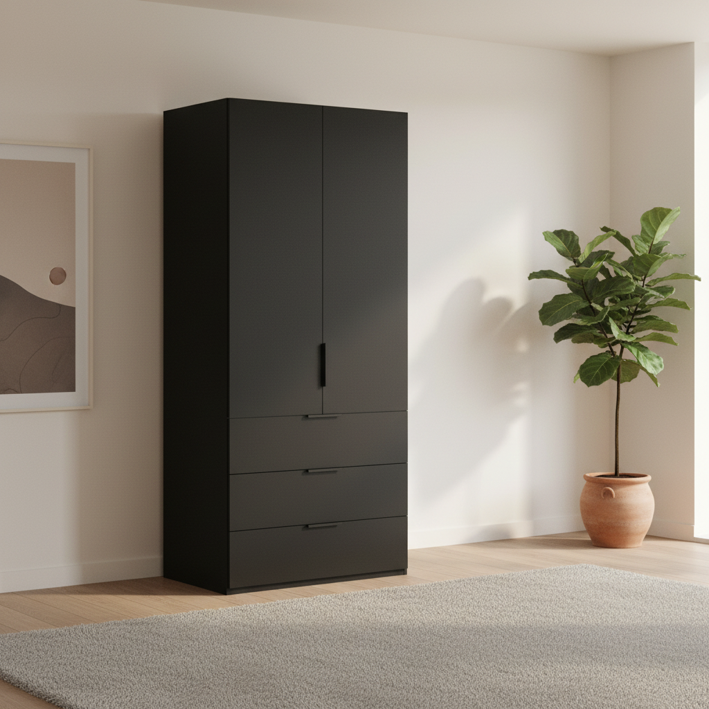 Rauch Heaven 100cm 2 Door Combi Wardrobe with Décor Doors in Black styled in a modern bedroom