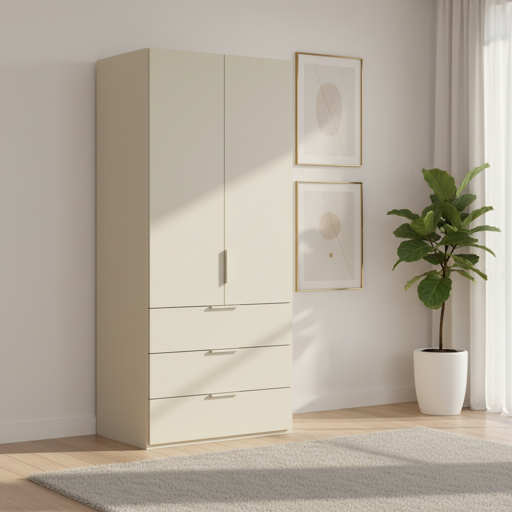 Rauch Heaven 100cm 2 Door Combi Wardrobe with Décor Doors in Champagne styled in a modern bedroom