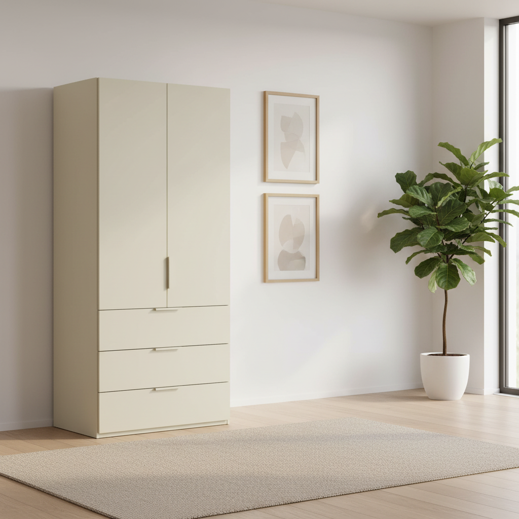 Rauch Heaven 100cm 2 Door Combi Wardrobe with Decor Doors and Drawers in Champagne styled in a modern bedroom