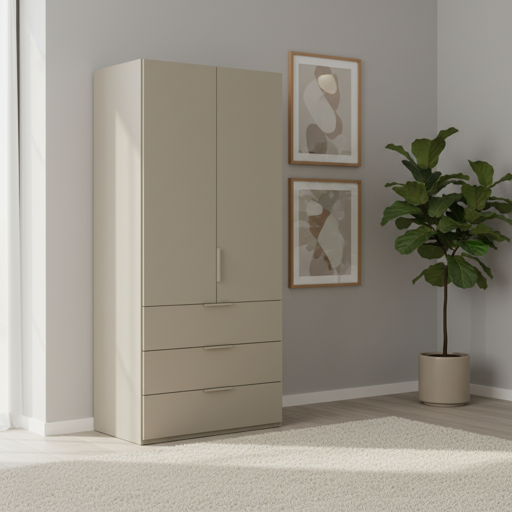 Rauch Heaven 100cm 2 Door Combi Wardrobe with Decor Doors and Drawers in Fango styled in a modern bedroom