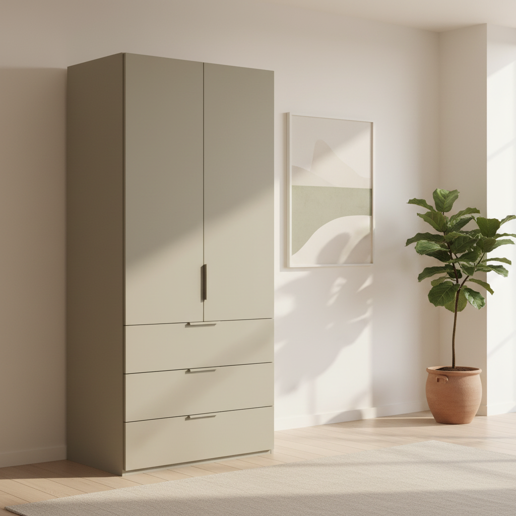 Rauch Heaven 100cm 2 Door Combi Wardrobe with Décor Doors in Fango styled in a modern bedroom