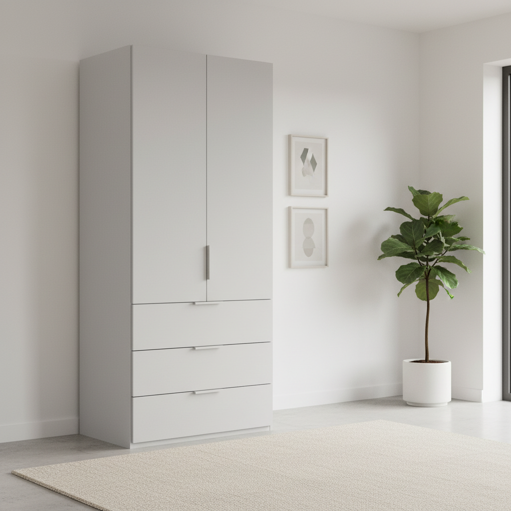 Rauch Heaven 100cm 2 Door Combi Wardrobe with Décor Doors in Silk Grey styled in a modern bedroom
