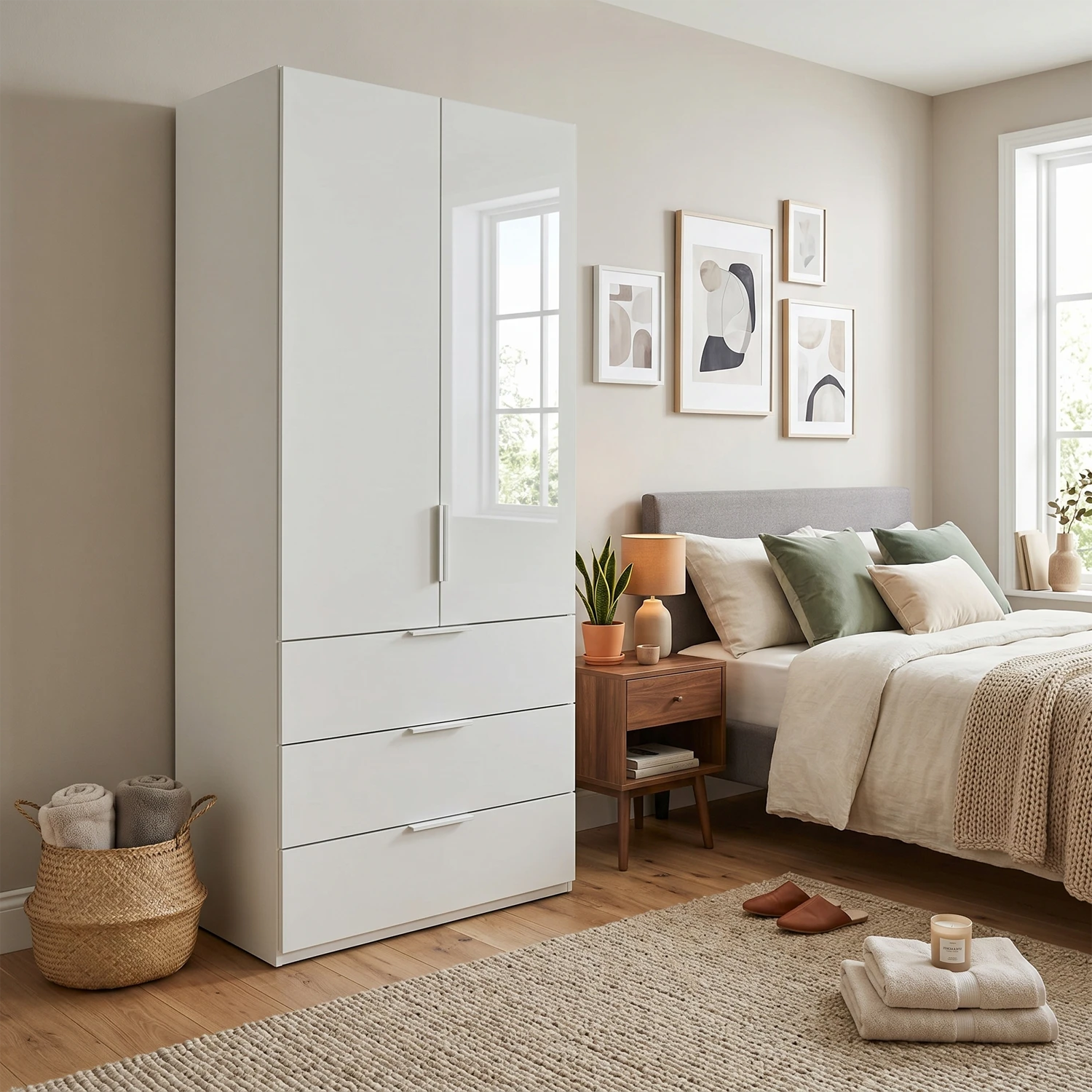 Rauch Haven 2 Door Combi Wardrobe with Glass Doors - Styled in a Bedroom