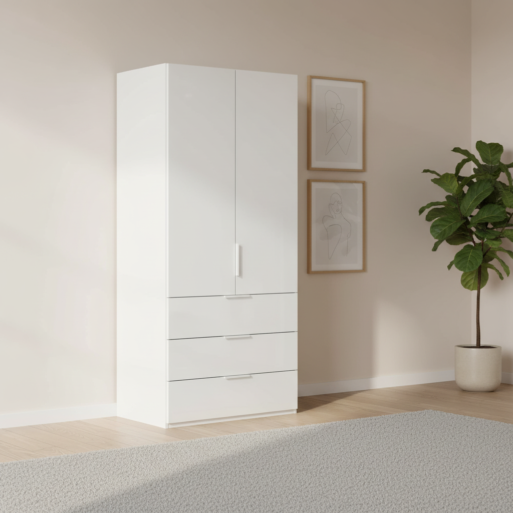 Rauch Heaven 100cm 2 Door Combi Wardrobe with Glass Doors in Alpine white styled in a modern bedroom