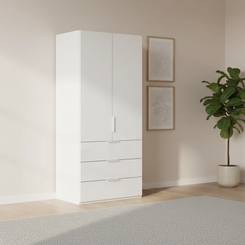 Rauch Heaven 100cm 2 Door Combi Wardrobe with Glass Doors in Alpine white styled in a modern bedroom