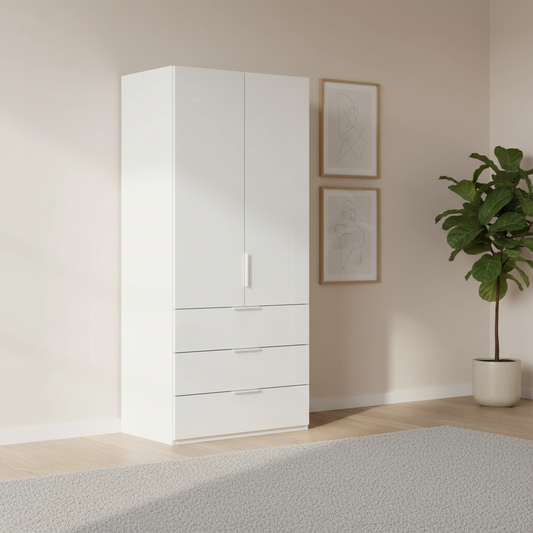 Rauch Heaven 100cm 2 Door Combi Wardrobe with Glass Doors in Alpine white styled in a modern bedroom