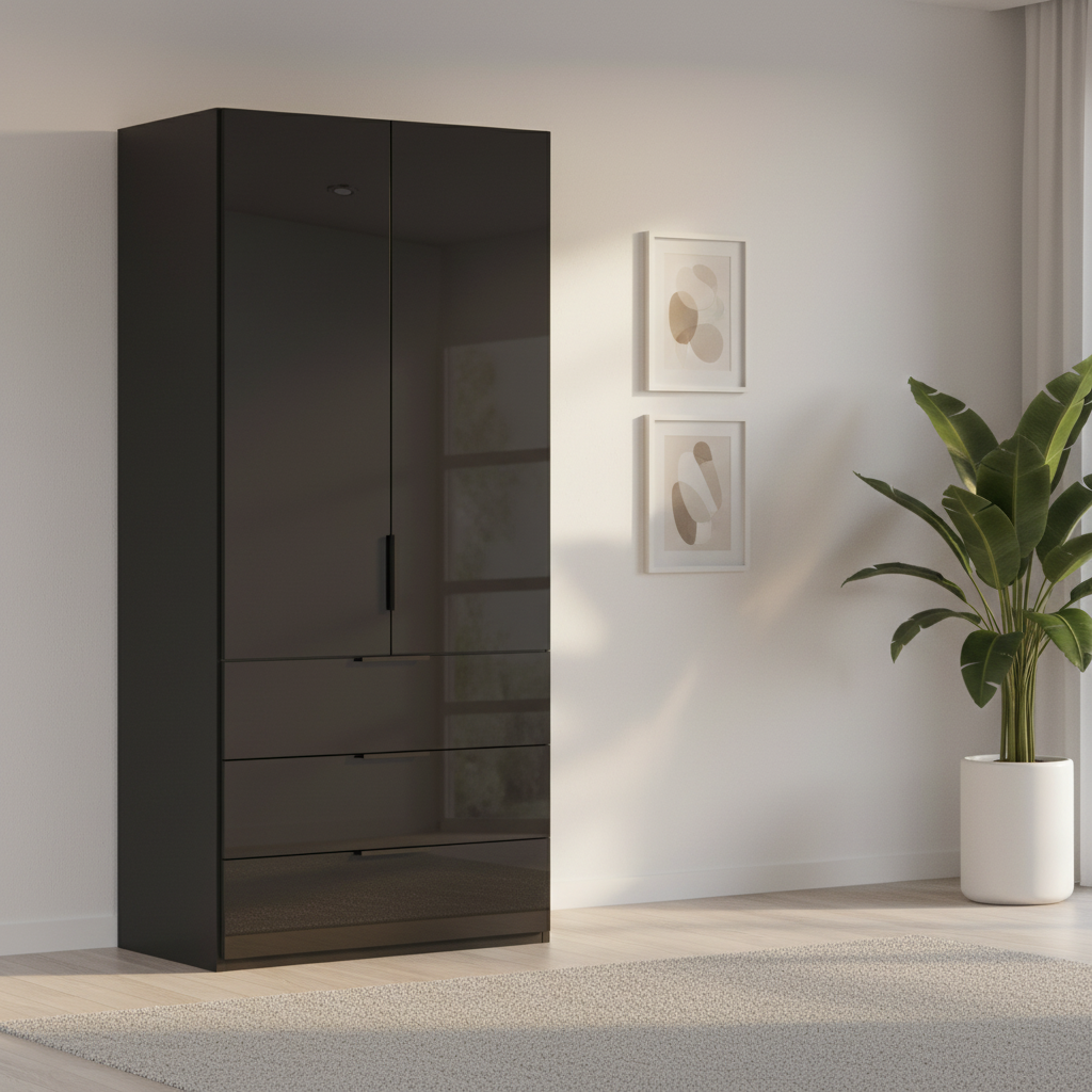 Rauch Heaven 100cm 2 Door Combi Wardrobe with Glass Doors in Black styled in a modern bedroom